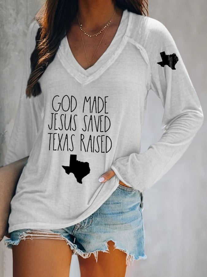ππJoin us in praying for Texas.πV-neck Retro Texas Strong God Made Jesus Saved Texas Raised Print T-Shirt