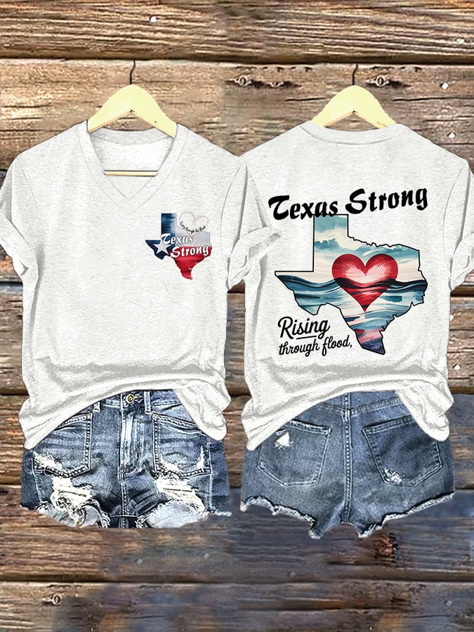 ππJoin us in praying for Texas.πV-Neck Retro Texas Strong Rising Through The Flood Love Heart Print T-Shirt