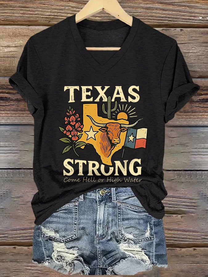 ππJoin us in praying for Texas.πV-Neck Retro Texas Strong Come Hell Or High Water Print T-Shirt