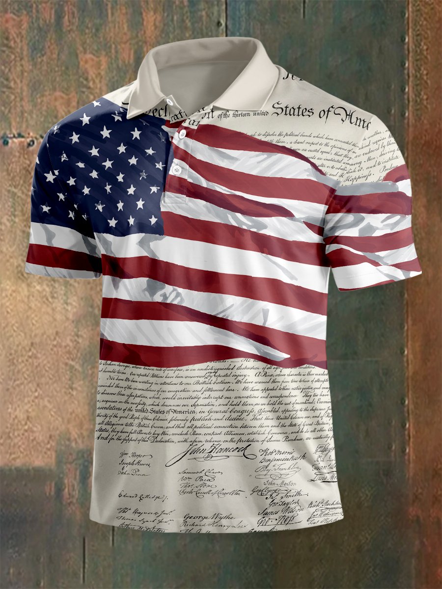 Men's Outdoor Independence Day American Flag Button Short Sleeve Polo Shirt