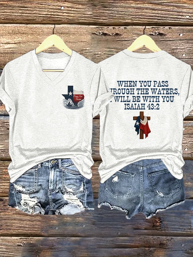 ππJoin us in praying for Texas.πV-Neck Retro Prayers For Texas Texas Strong When You Pass Through The Waters, I Will Be With You. Isaiah 43:2 Faith Cross Print T-Shirt