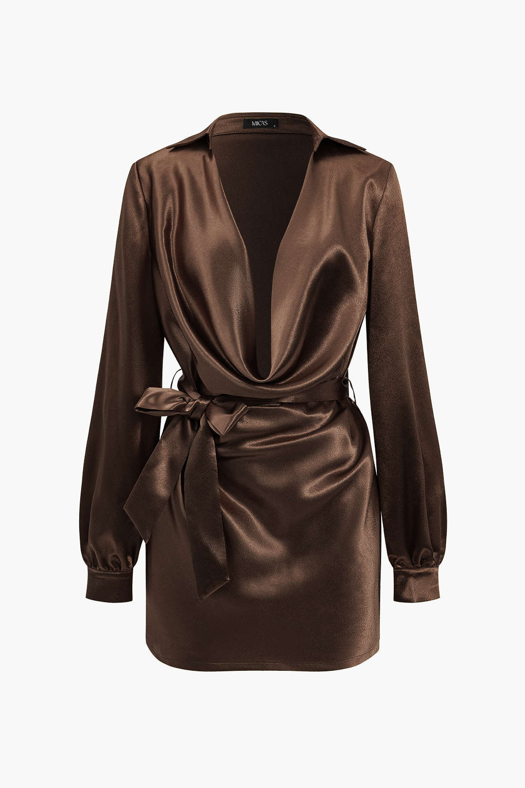 Solid Tie Front Draped Cowl Neck Belted Mini Dress