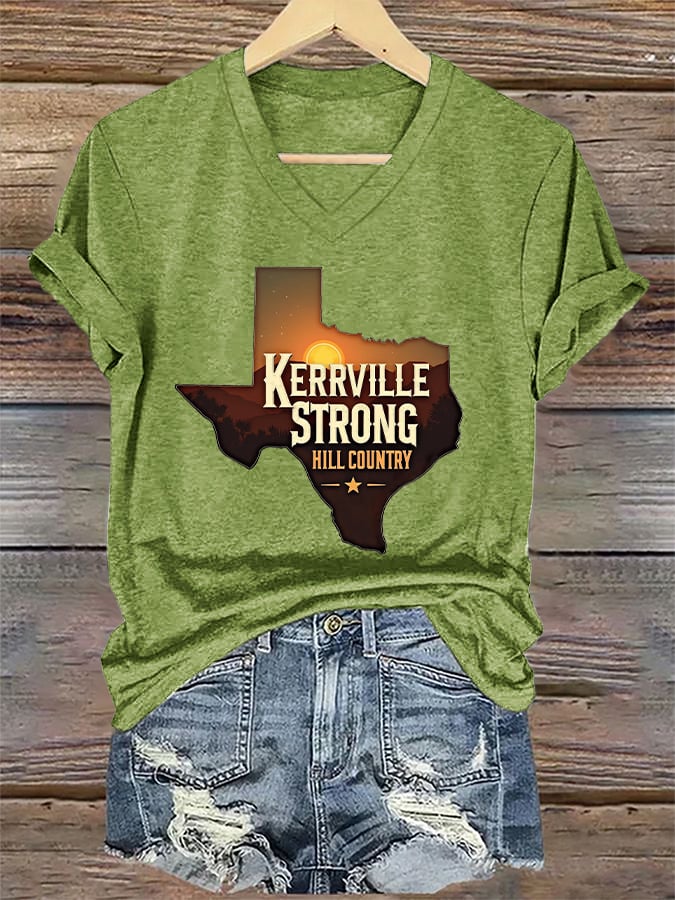 ππJoin us in praying for Texas.πV-Neck Retro Kerrville Strong Hill Country StrongPrint T-Shirt