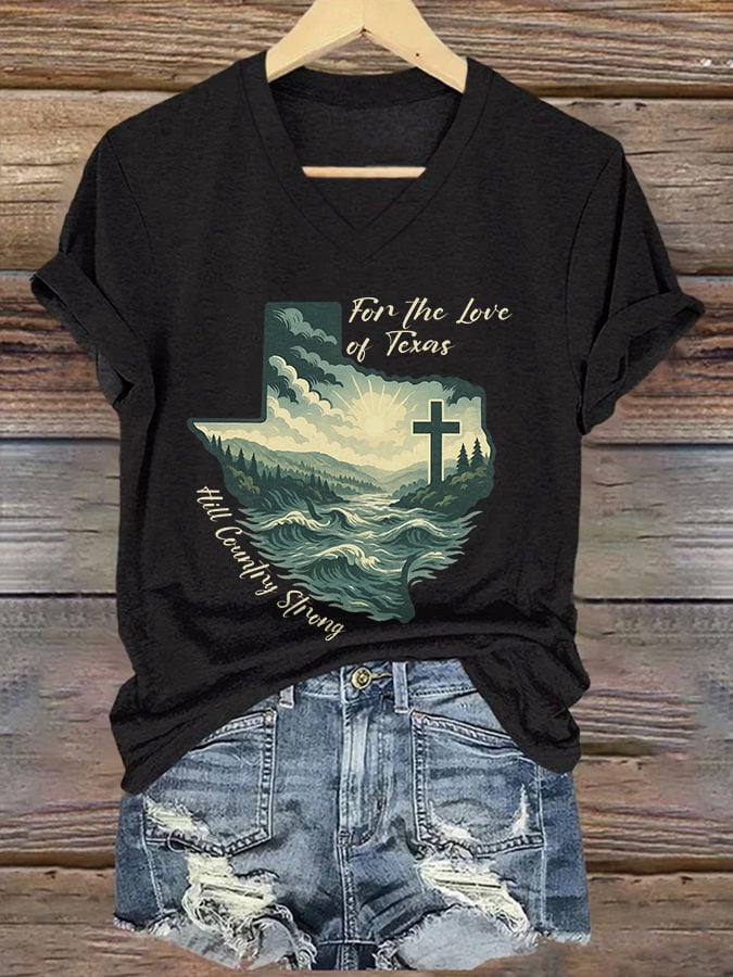 ππJoin us in praying for Texas.πV-Neck Retro For The Love Of Texas Hill Country Strong Print T-Shirt