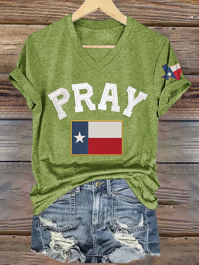 V-Neck Retro Pray For Texas Texas Strong Print T-Shirt