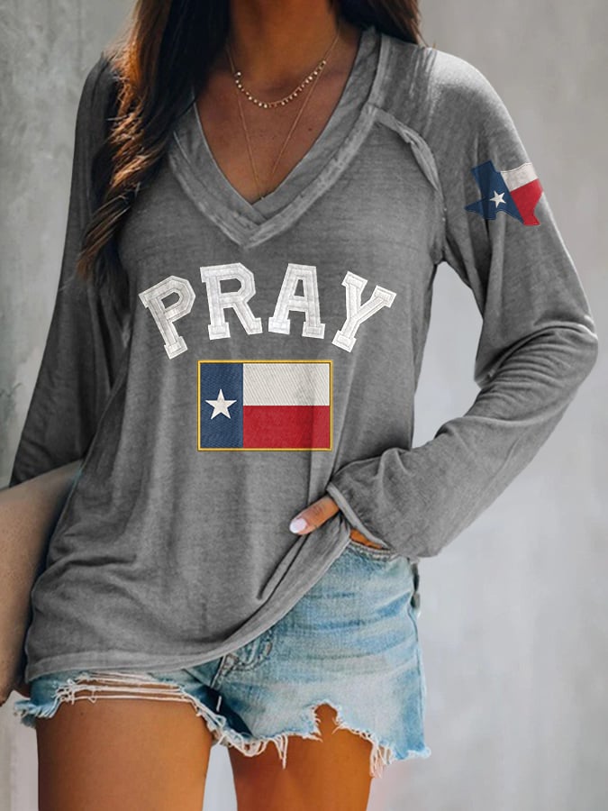 ππJoin us in praying for Texas.πV-neck Retro Pray For Texas Texas Strong Print T-Shirt
