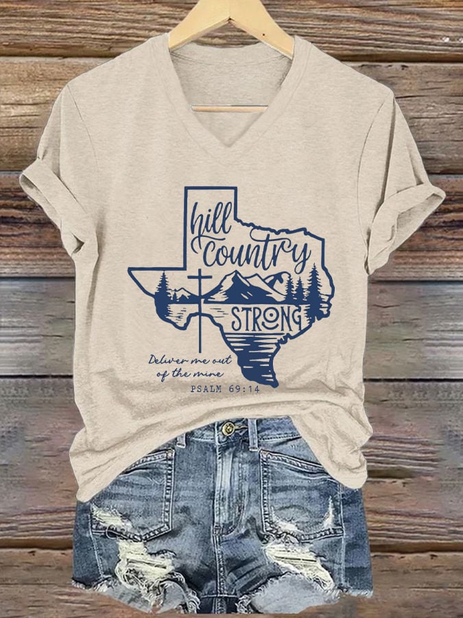 🙏💔Join us in praying for Texas.🙏Women's Texas Hill Country Strong Print V-Neck T-Shirt