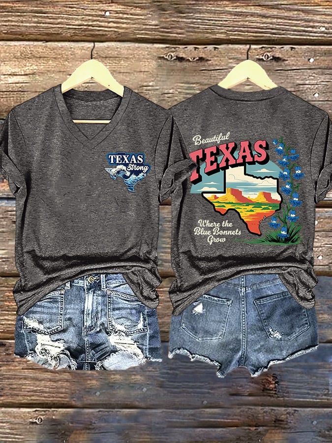 ππJoin us in praying for Texas.πV-Neck Retro Texas Strong Beautiful Texas Where The BlueBonnets Grow Print T-Shirt