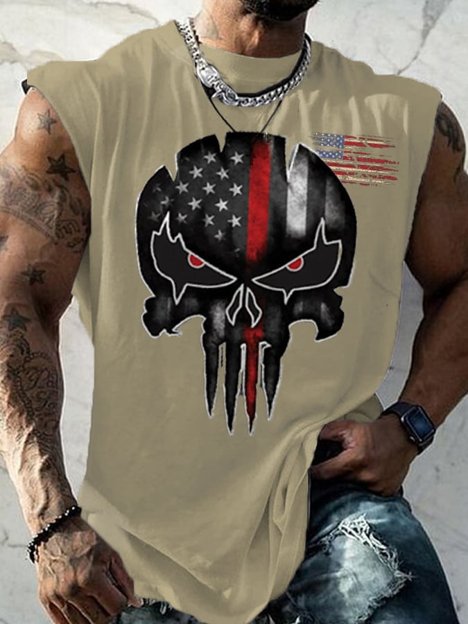 Men's American Flag Independence Day Skull Print Casual Tank Top