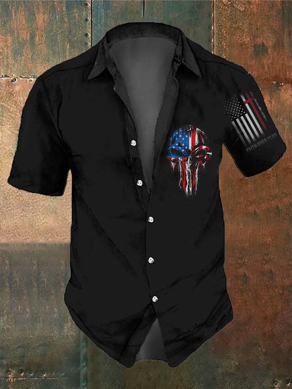 Men's Vintage Skull and Independence Day Print Short Sleeve Shirt