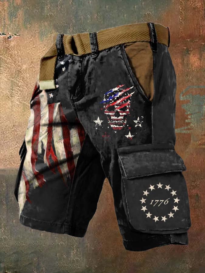 Men's Vintage Flag Skull Print Cargo Shorts