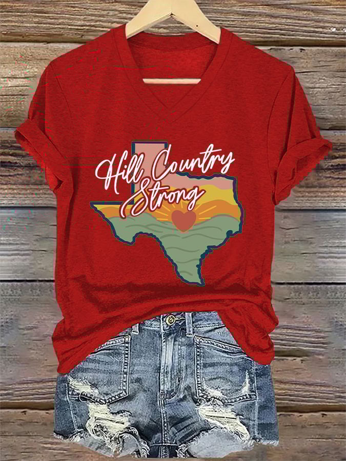 ππJoin us in praying for Texas.πV-Neck Retro Texas Strong Hill Country Strong Print T-Shirt