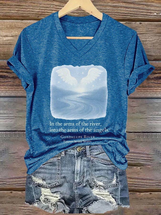 ππJoin us in praying for Texas.πV-Neck Retro Texas Strong In The Arms Of The River, Into The Arms Of The Angels. Guadalupe River Forever In Our Hearts Print T-Shirt