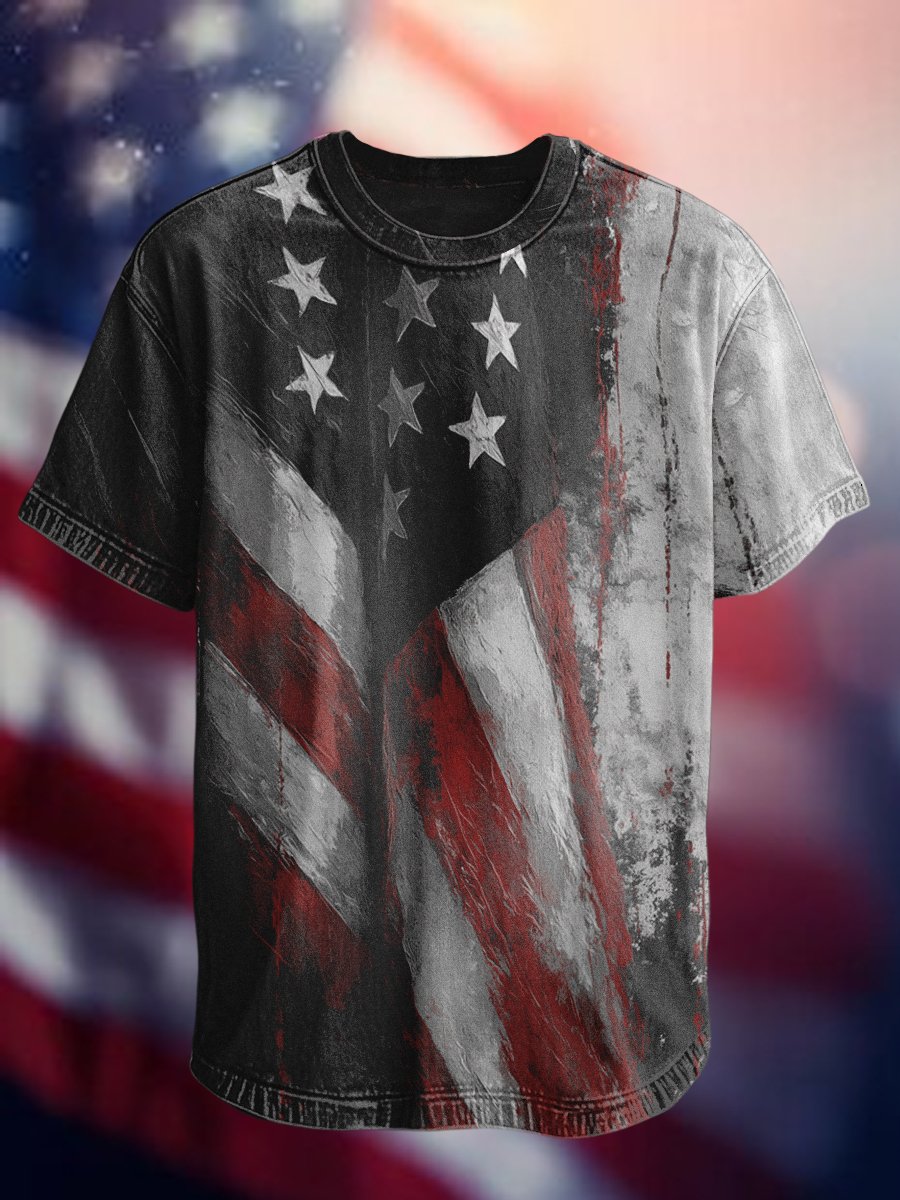Men's Casual American Flag Print Crew Neck Short Sleeve T-Shirt