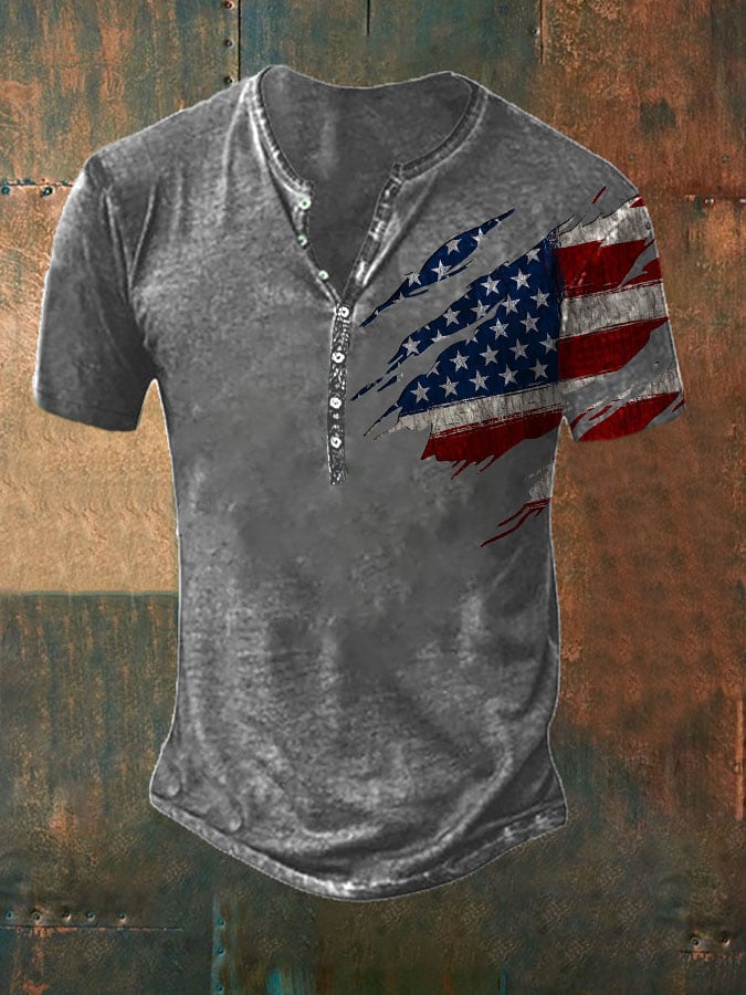Casual Button Neck Short Sleeve Printed T-Shirt