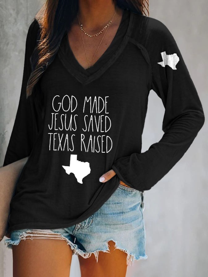 ππJoin us in praying for Texas.πV-neck Retro Texas Strong God Made Jesus Saved Texas Raised Print T-Shirt