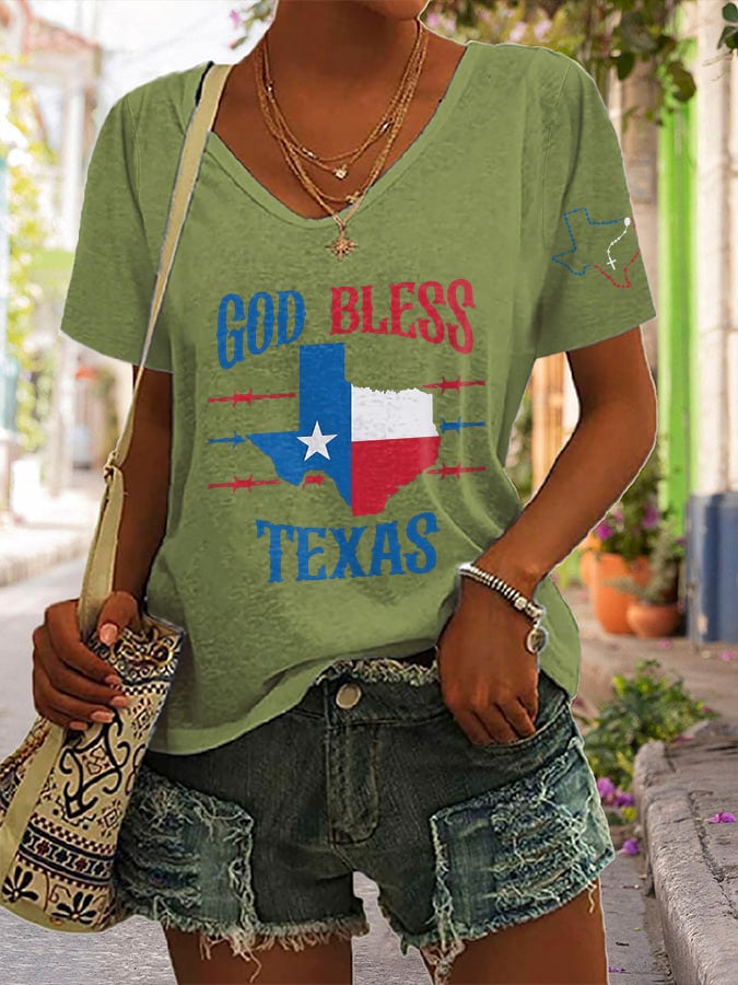 ππJoin us in praying for Texas.πV-Neck Retro Texas Strong God Bless Texas Print T-Shirt