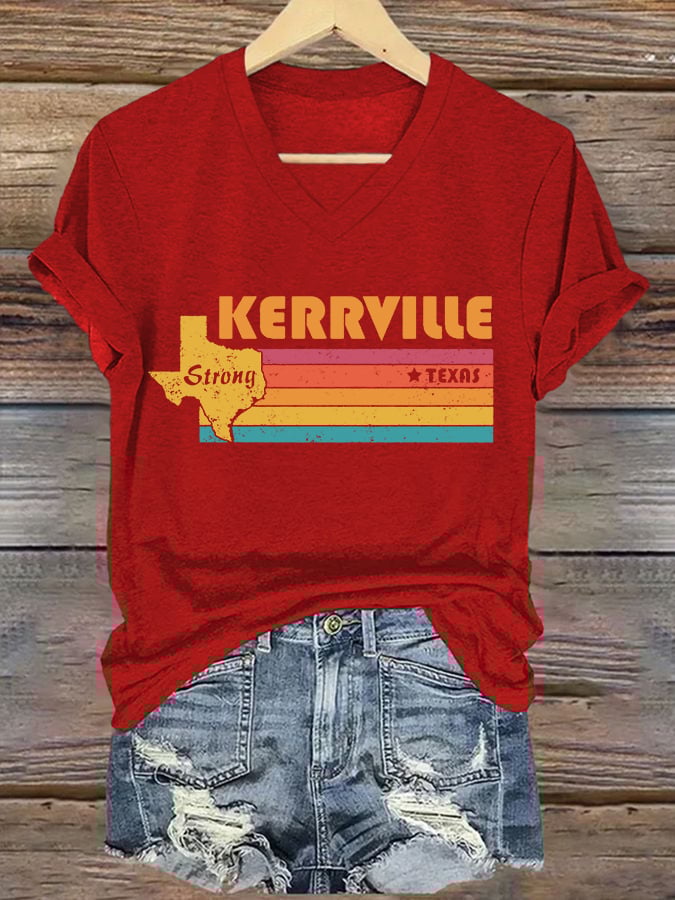 ππJoin us in praying for Texas.πV-Neck Retro Texas Strong Kerrville Strong Texas Print T-Shirt