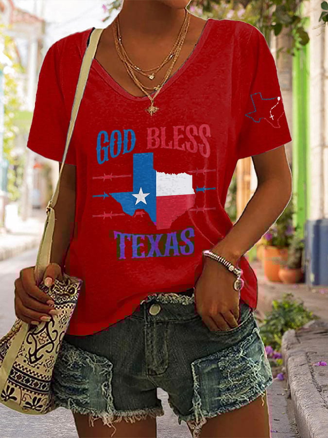ππJoin us in praying for Texas.πV-Neck Retro Texas Strong God Bless Texas Print T-Shirt