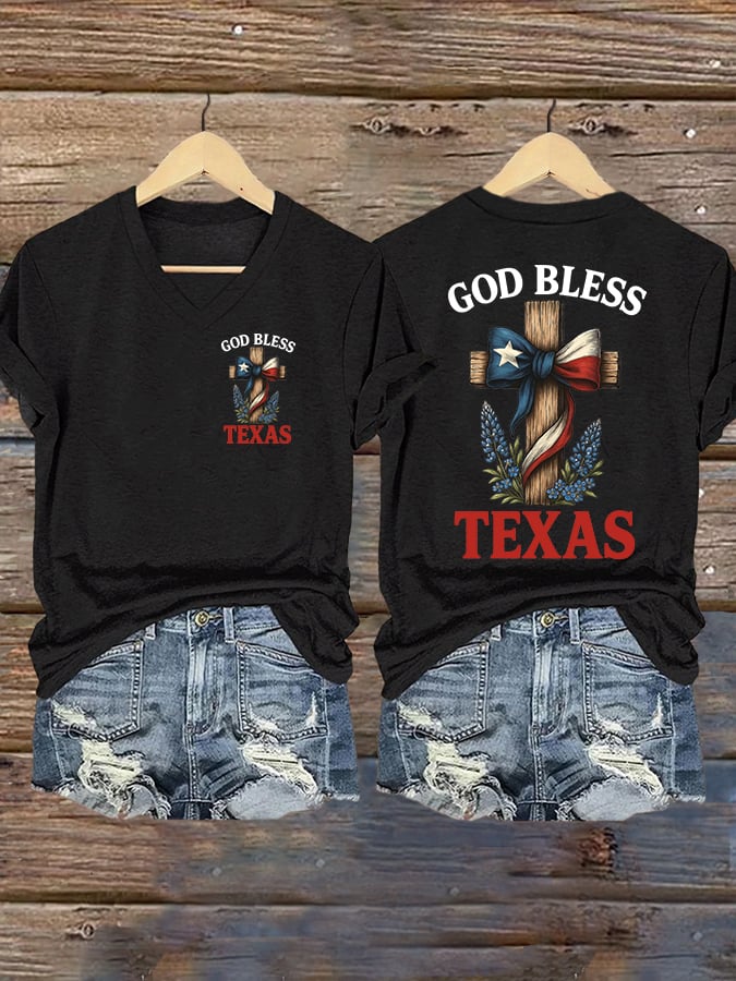 🙏💔Join us in praying for Texas.🙏Women's Retro God Bless Texas Cross Print T-Shirt