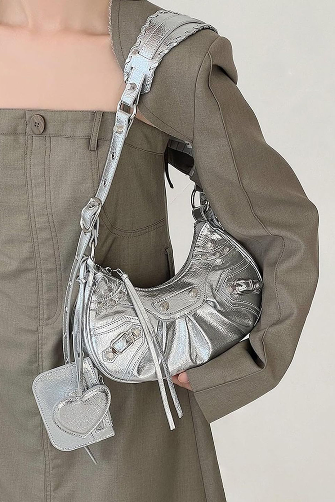 Rivet Metallic Faux Leather Shoulder Bag