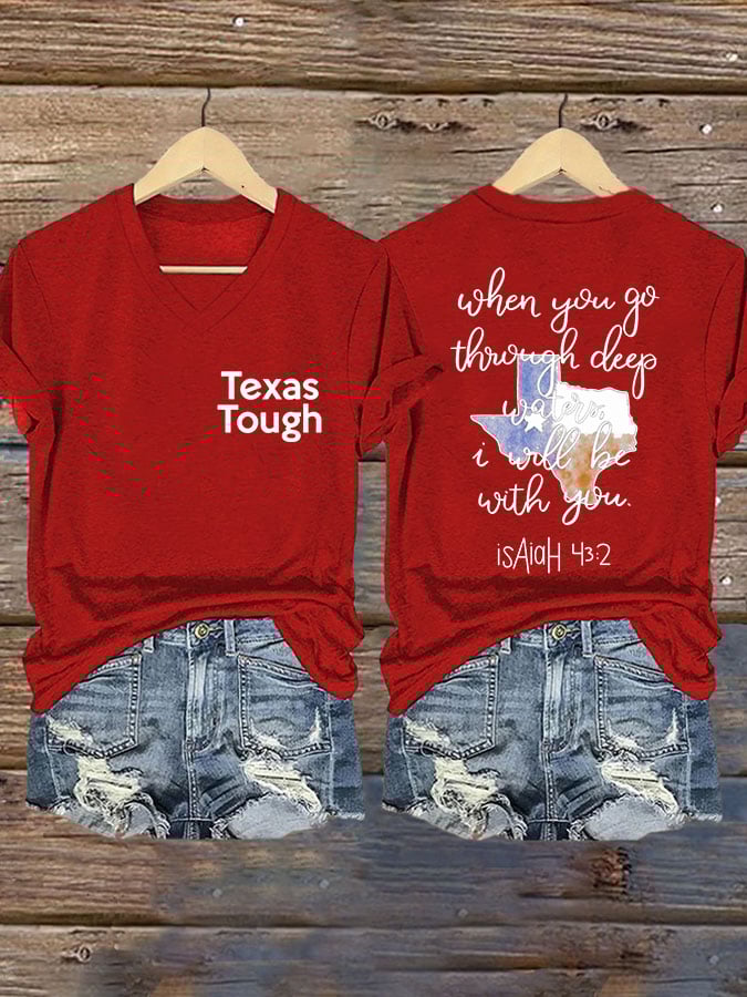ππJoin us in praying for Texas.πV-Neck Retro Texas Tough When You Go Through Deep Waters, I Will Be With You. Isaiah 43:2 Print T-Shirt