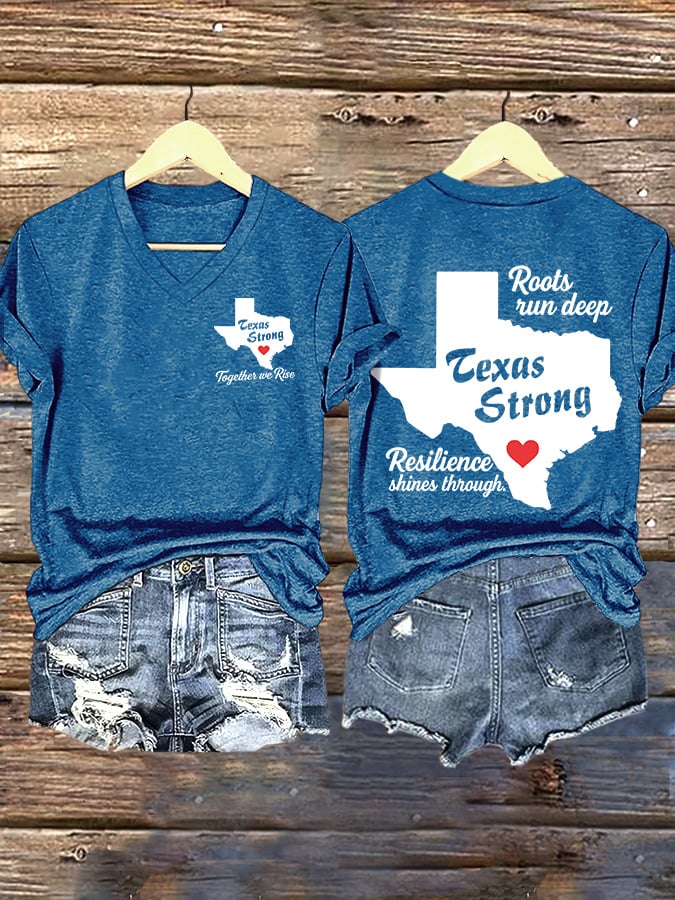 ππJoin us in praying for Texas.πV-Neck Retro Texas Strong Together We Rise Roots Run Deep Texas Strong Resilience Shines Through Print T-Shirt