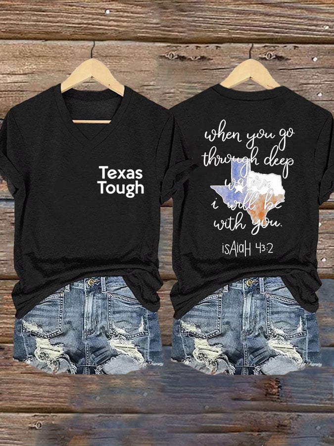 ππJoin us in praying for Texas.πV-Neck Retro Texas Tough When You Go Through Deep Waters, I Will Be With You. Isaiah 43:2 Print T-Shirt