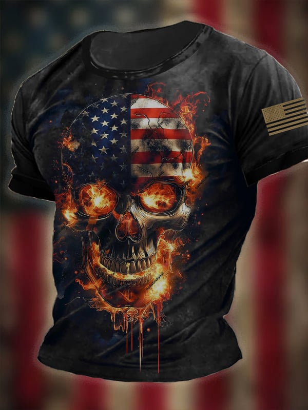 Men's Vintage Independence Day Skull Print Short Sleeve T-Shirt