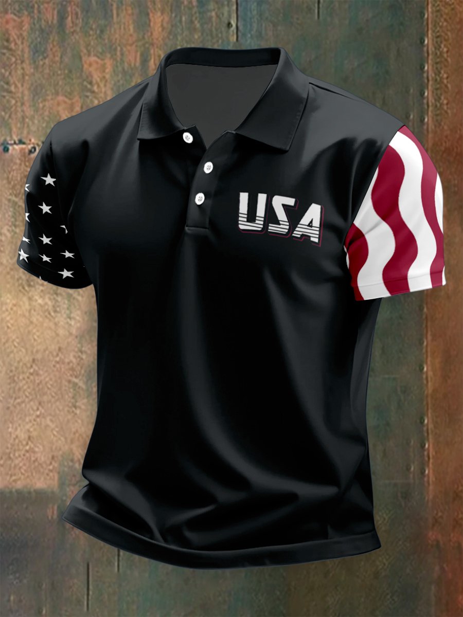 Men's Outdoor Independence Day American Flag Button Short Sleeve Polo Shirt