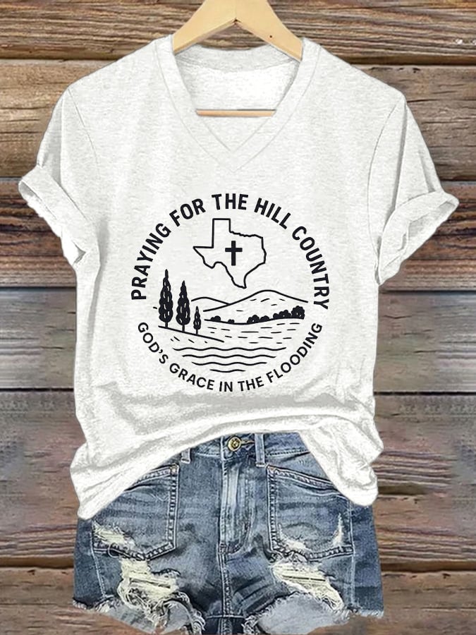 ๐๐Join us in praying for Texas.๐V-Neck Retro Texas Strong Praying For The Hill Country Godโs Grace In The Flooding Print T-Shirt