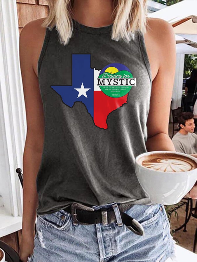 🙏💔Join us in praying for Texas.🙏Retro Texas Strong Praying For Mystic The Light Shines In The Darkness, And The Darkness Has Not Overcome It. John 1:5 Print Tops Tank