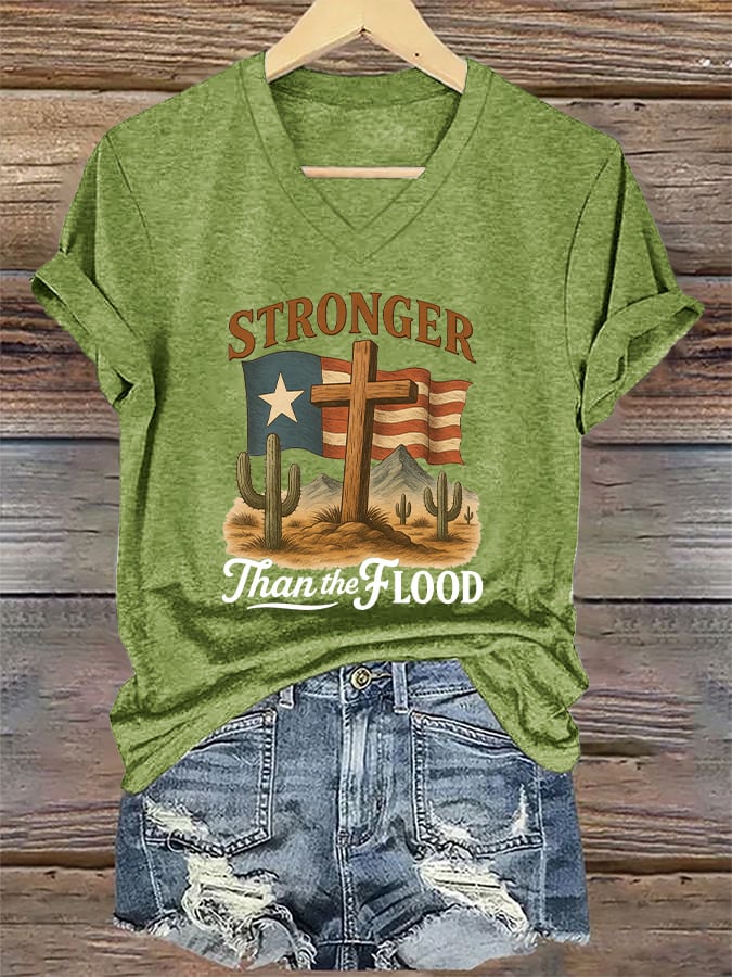 ππJoin us in praying for Texas.πV-Neck Retro Texas Strong Stronger Than The Flood Faith Cross Print T-Shirt