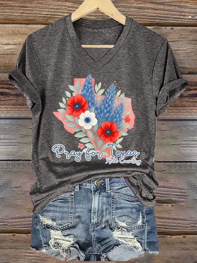 ππJoin us in praying for Texas.πV-Neck Retro Texas Strong Pray For Texas Hill Country Print T-Shirt