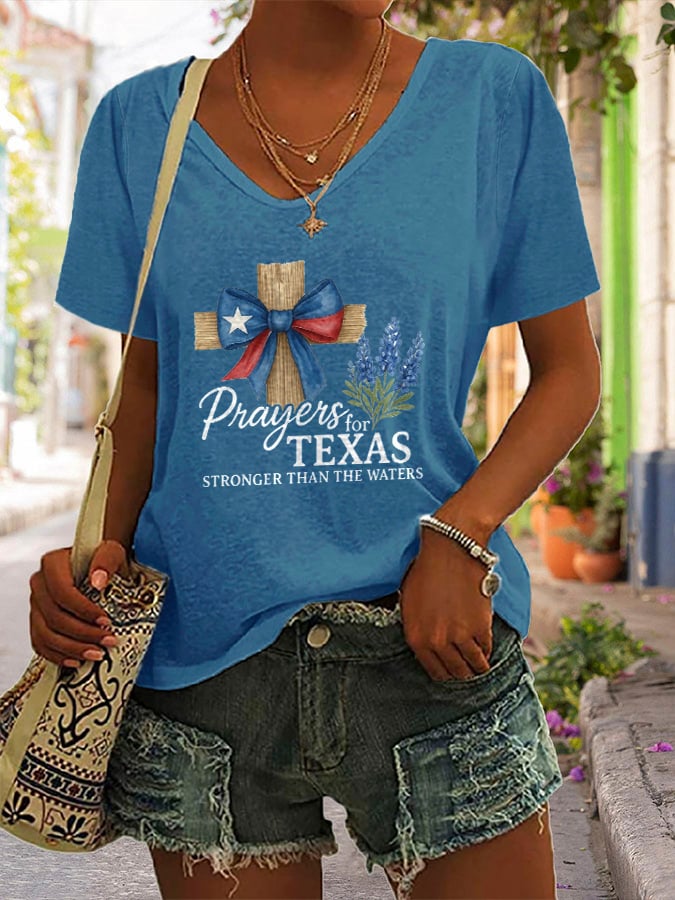 ππJoin us in praying for Texas.πV-Neck Retro Texas Strong Prayers For Texas Stronger Than The Waters Faith Cross Print T-Shirt