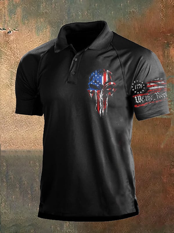 Men's Vintage Independence Day and Skull Print Button-Down Polo Shirt