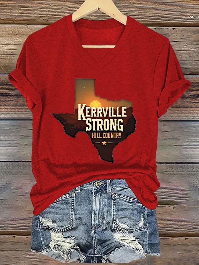ππJoin us in praying for Texas.πV-Neck Retro Kerrville Strong Hill Country StrongPrint T-Shirt