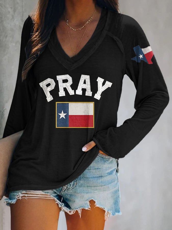 ππJoin us in praying for Texas.πV-neck Retro Pray For Texas Texas Strong Print T-Shirt