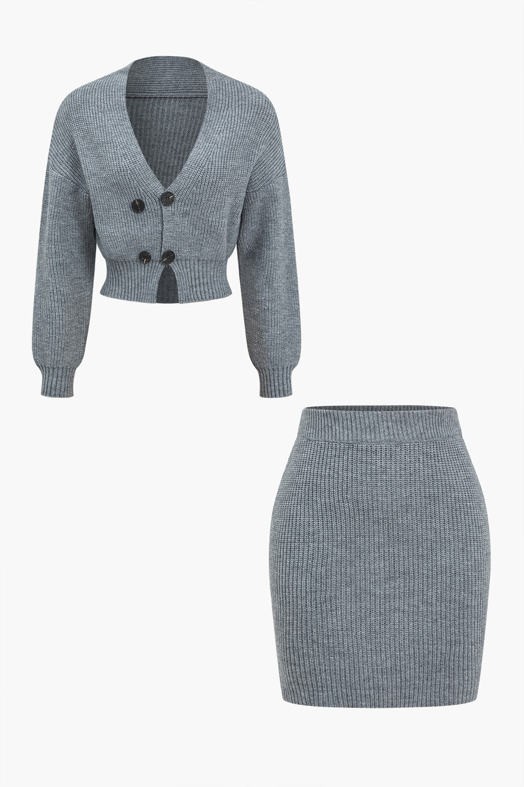 Solid Knit Button V-neck Top And Mini Skirt Set