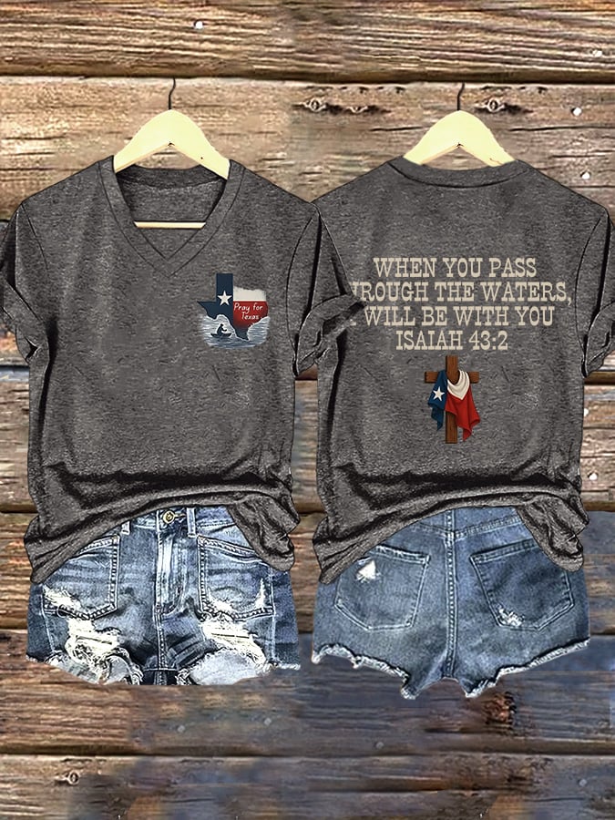 ππJoin us in praying for Texas.πV-Neck Retro Prayers For Texas Texas Strong When You Pass Through The Waters, I Will Be With You. Isaiah 43:2 Faith Cross Print T-Shirt