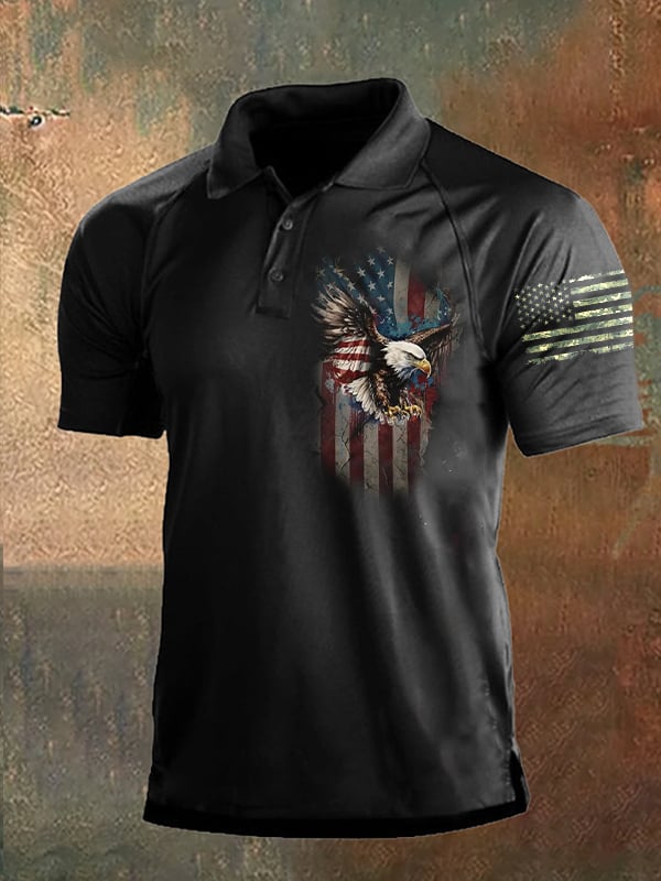 Men's Vintage Independence Day and Skull Print Button-Down Polo Shirt