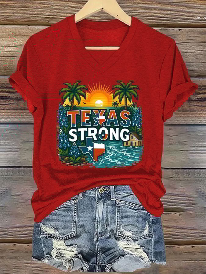 ππJoin us in praying for Texas.πV-Neck Retro Texas Strong Palm Trees Print T-Shirt