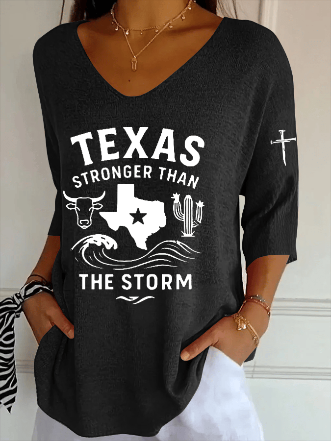 Women's Texas Stronger Than The Storm Striped Fabric Casual V Neck T-Shirt