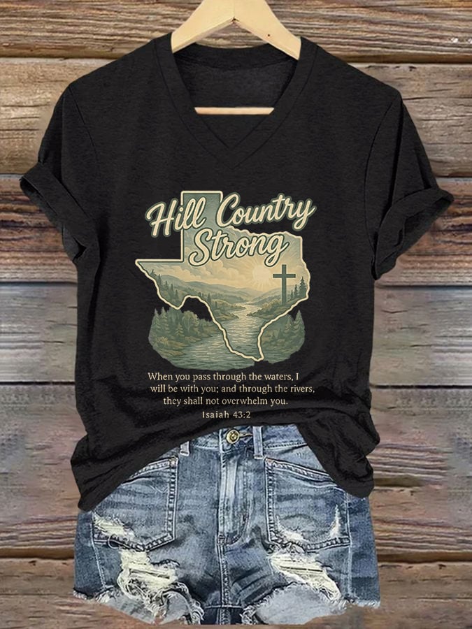 ππJoin us in praying for Texas.πV-Neck Retro Hill Country Strong When You Pass Through The Waters, I Will Be With You; And Through The Rivers, They Shall Not Overwhelm You.β Isaiah 43:2 Print T-Shirt