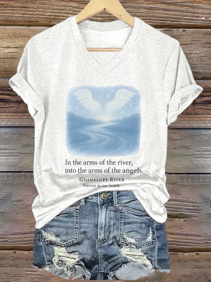 ππJoin us in praying for Texas.πV-Neck Retro Texas Strong In The Arms Of The River, Into The Arms Of The Angels. Guadalupe River Forever In Our Hearts Print T-Shirt