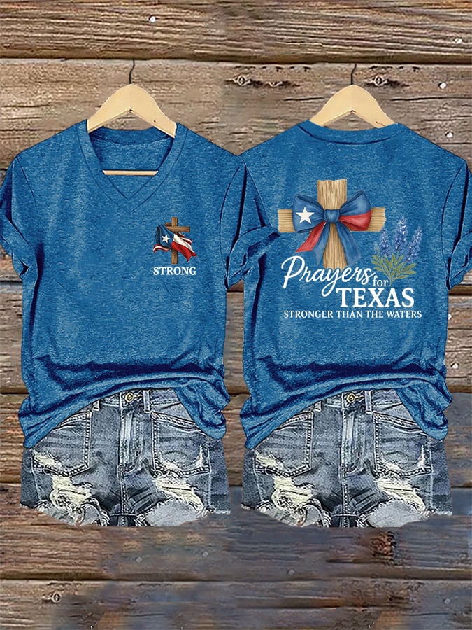 ππJoin us in praying for Texas.πV-Neck Retro Texas Strong Prayers For Texas Stronger Than The Waters Faith Cross Print T-Shirt