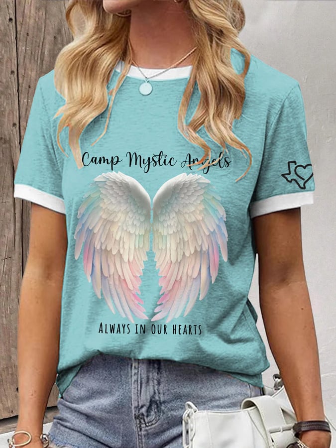 Women's Camp Mystic Angels Always In Our Hearts Print Crew Neck T-Shirt