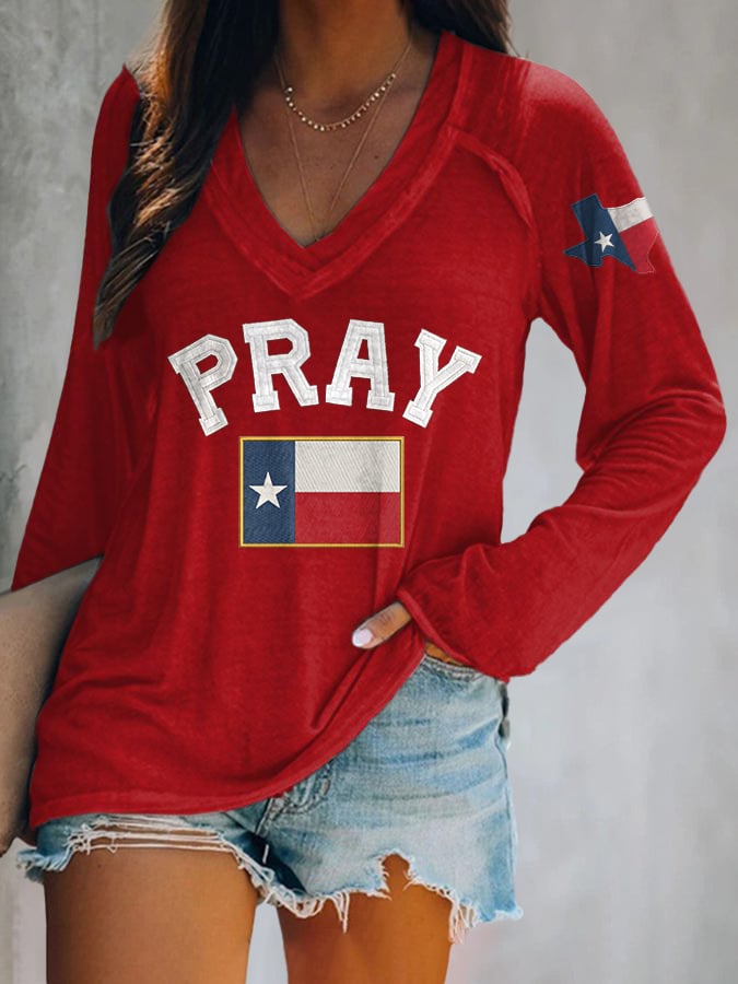 ππJoin us in praying for Texas.πV-neck Retro Pray For Texas Texas Strong Print T-Shirt