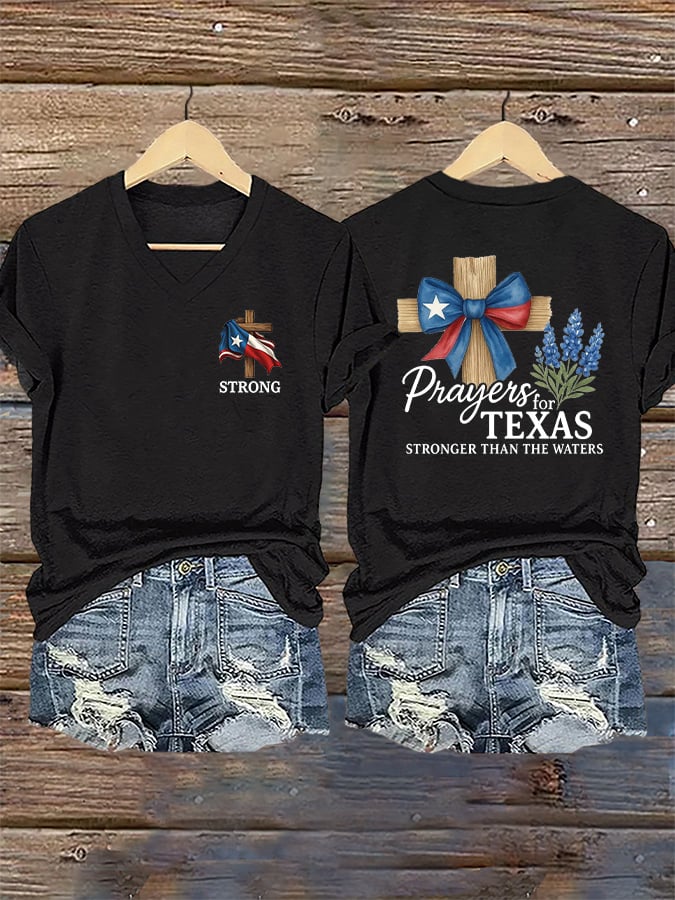 ππJoin us in praying for Texas.πV-Neck Retro Texas Strong Prayers For Texas Stronger Than The Waters Faith Cross Print T-Shirt
