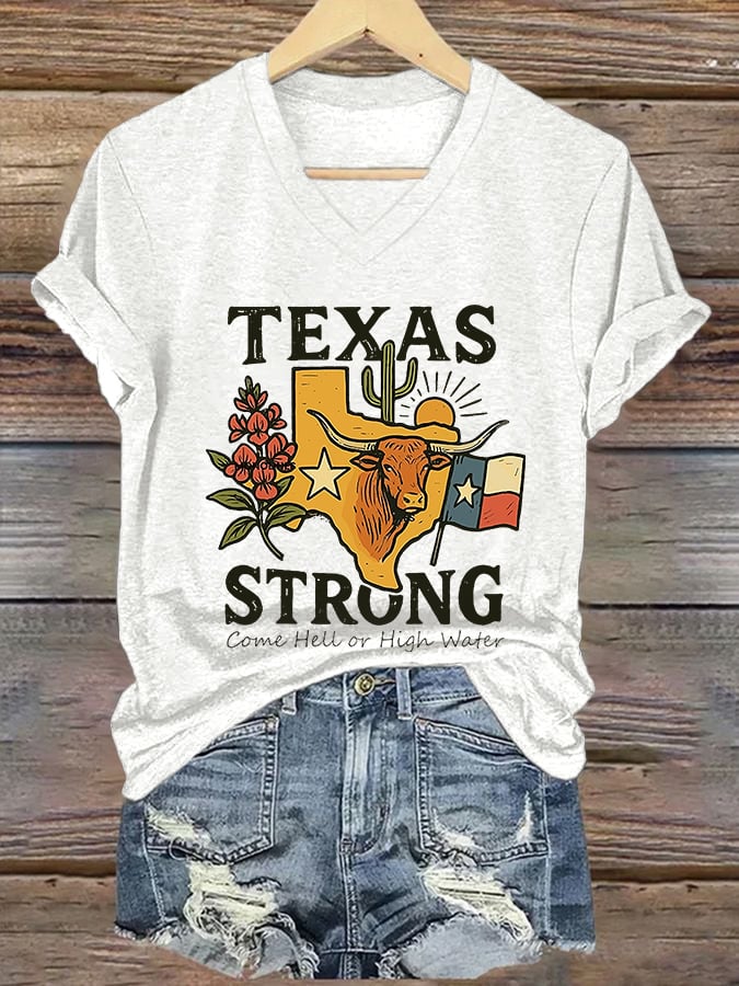 ππJoin us in praying for Texas.πV-Neck Retro Texas Strong Come Hell Or High Water Print T-Shirt